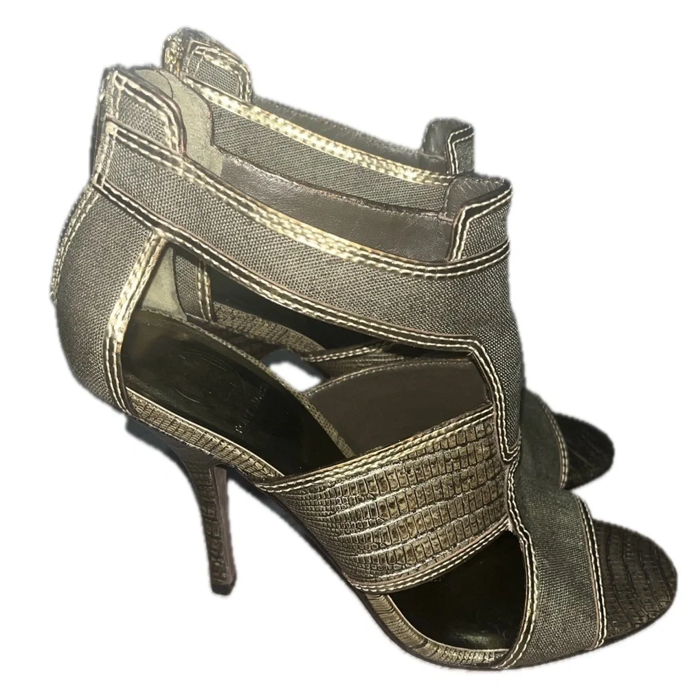 Tory Burch Geoff Olive Green & Gold Caged Heel Sandals 9.5M, Used